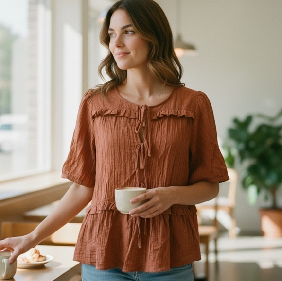 Laura Ashley Tops - Laura Ashley Terracotta Ruffle Blouse Flowy Boho